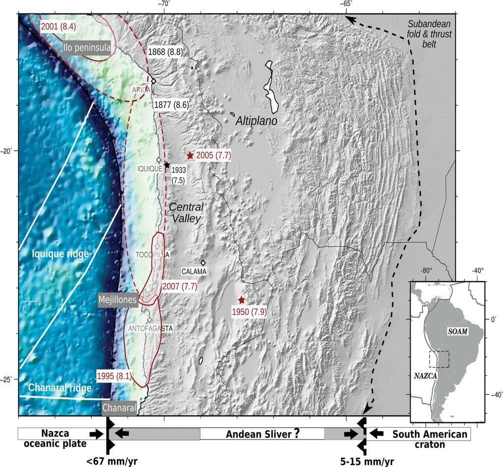 Revisiting the North Chile seismic gap segmentation 3 Figure 2. Seismotectonic background of North Chile and main geological features. Topography and bathymetry are from ETOPO1.
