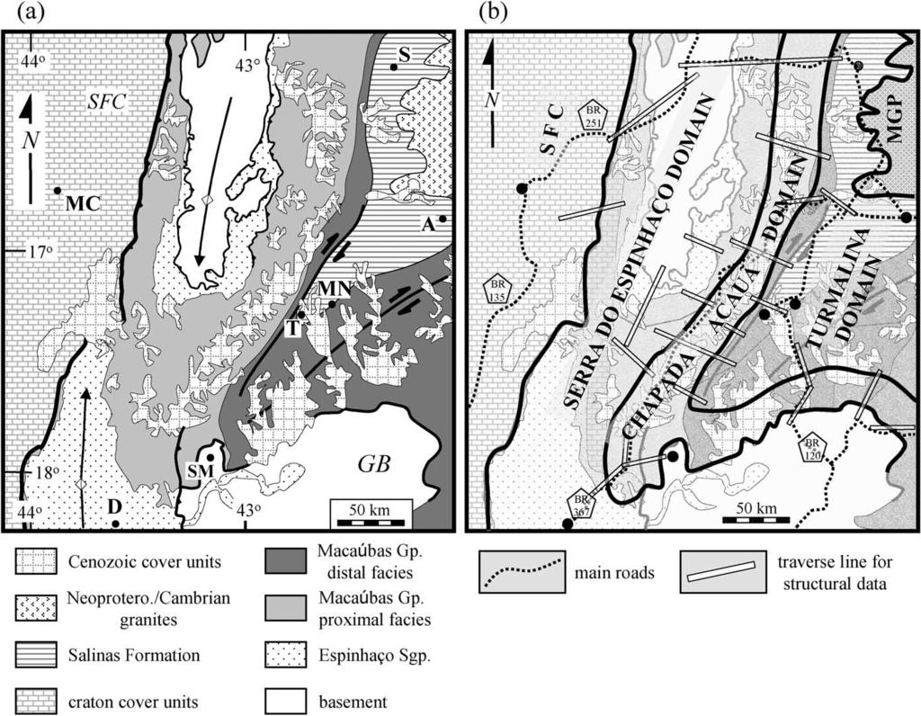 Fig. 4. (a) A simplified geologic map of our study area, delineating exposures of major stratigraphic units. The heavy black line indicates the eastern edge of the São Francisco craton.