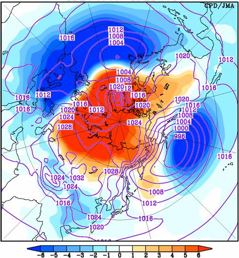 Characteristics of the extremely negative Arctic Oscillation (AO) seen in winter 2009/2010 In the winter of 2009/2010, high-pressure systems developed over the Arctic, while low-pressure anomalies
