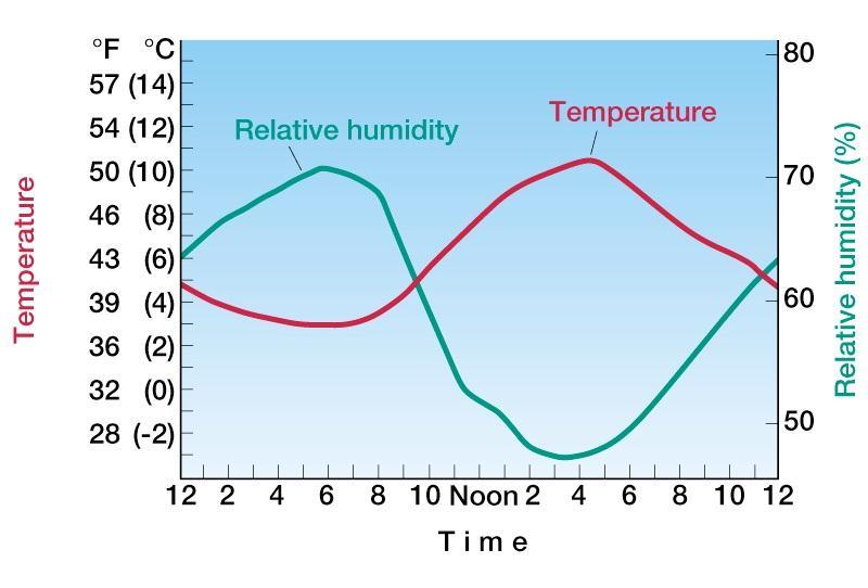 Relative Humidity and Temperature Temperature has an inverse relationship with relative humidity (R.H.) Temperature increases the capacity of air.