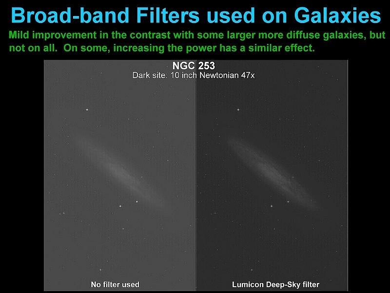 Some available broad-band filters are the Lumicon Deep-Sky, the Astronomik CLS, the Celestron LPR, the Thousand Oaks Broadband LP-1, and the Orion SkyGlow.