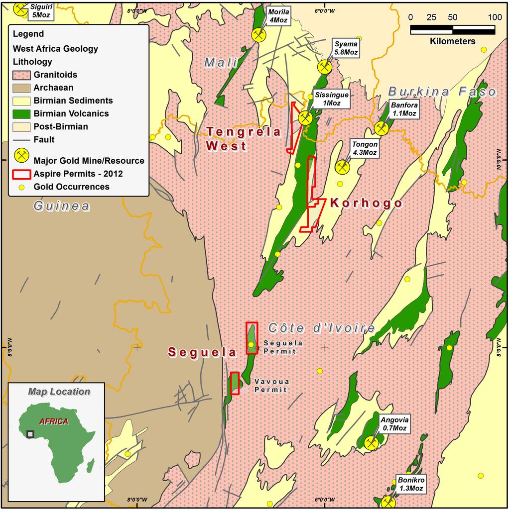 Figure 5. Cote d Ivoire Project Locations No exploration work was undertaken during the quarter as a review of all licence applications across the country runs its course.