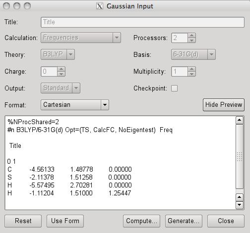 10 Figure 6. Gaussian input window for the calculation of a transition state.