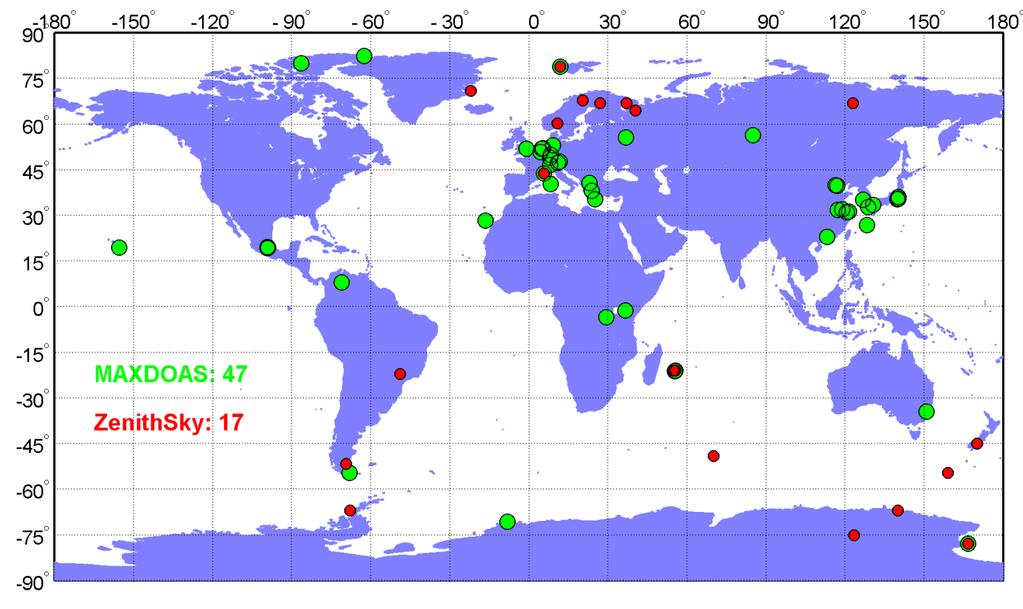 NDACC-related MAXDOAS stations (Network for the Detection of Atmospheric Composition Change) International research network of ~90 remote sensing stations (Dobson/Brewer, FTIR, LIDAR, MW, sondes,