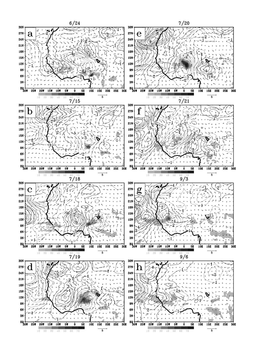 Figure 6 Daily mean precipitation and 3-5-day wave disturbances shown with perturbation wind vectors and filtered geopotential heights at 725 hpa with a contour interval of 1 m for (a) 24 June, (b)