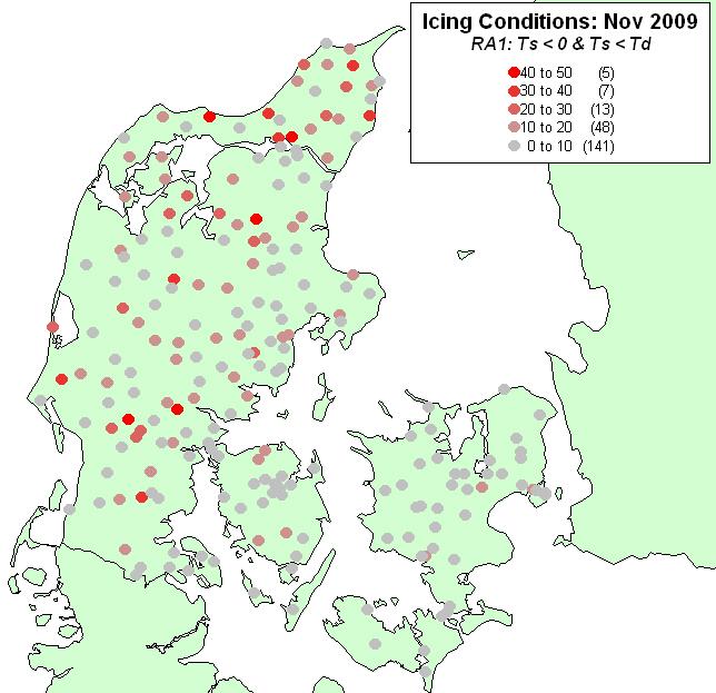 situations (RA1) observed at the Danish road stations during (left) October 2009 and (right) November 2009
