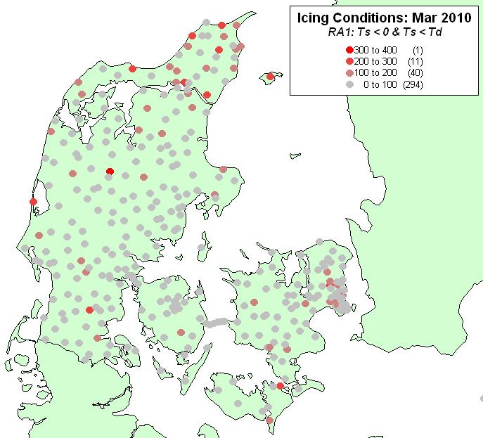 situations (RA1) observed at the Danish road stations during (left) February 2010 and (right) March 2010