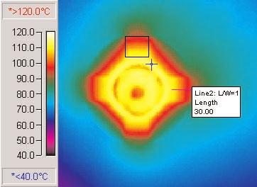 Image 2: Thermal image of Via #2 with a length/width aspect ratio of 1:1 Min 83.0 o C, Mean, 93.8 o C, Max 109.8 o C, Std.Dev. 8.4 o C, Length 30.