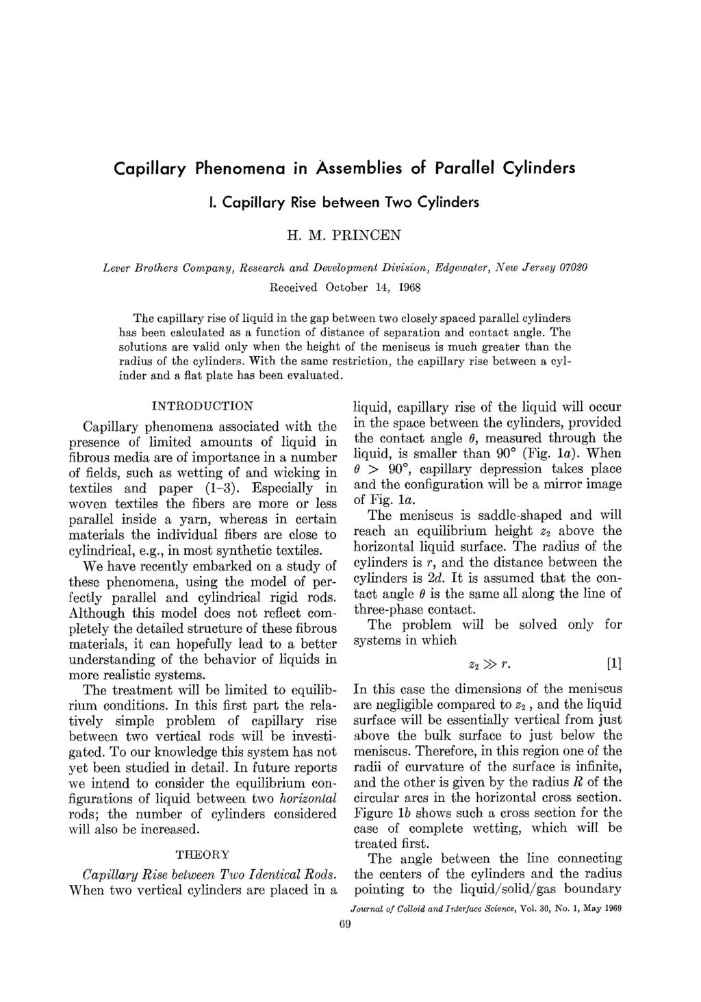Capillary Phenomena in Assemblies of Parallel Cylinders I. Capillary Rise between Two Cylinders H. M.