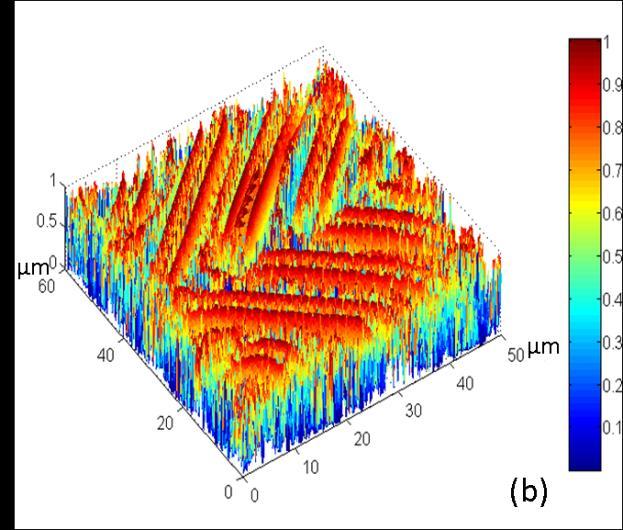 25 (a) 2D and (b) 3D views of the transmittance profile for the zigzag structure with w=5 m, l=5 m, α=90 o, legend bar shows the normalized transmittance.