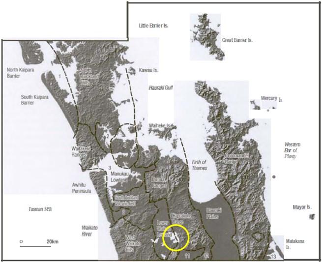Figure 1. Hill shaded topographic relief model of the Auckland area showing the geomorphological features (Edbrooke, 2001). Lake Waikare is encircled in yellow.