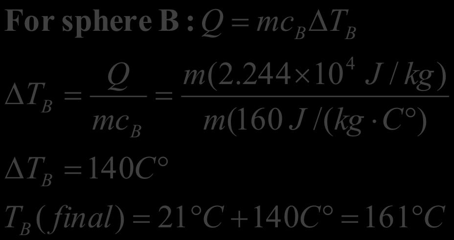 The specific heat capacity of sphere A is c A = 440 J/(kg o C) and that of sphere B is c B = 160 J/(kg