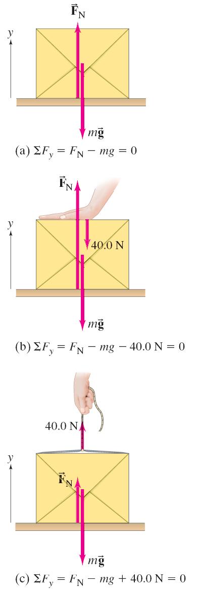 4-6 Weight the Force of Gravity; and the Normal Force Example 4-6: Weight, normal force, and a box. A friend has given you a special gift, a box of mass 10.0 kg with a mystery surprise inside.