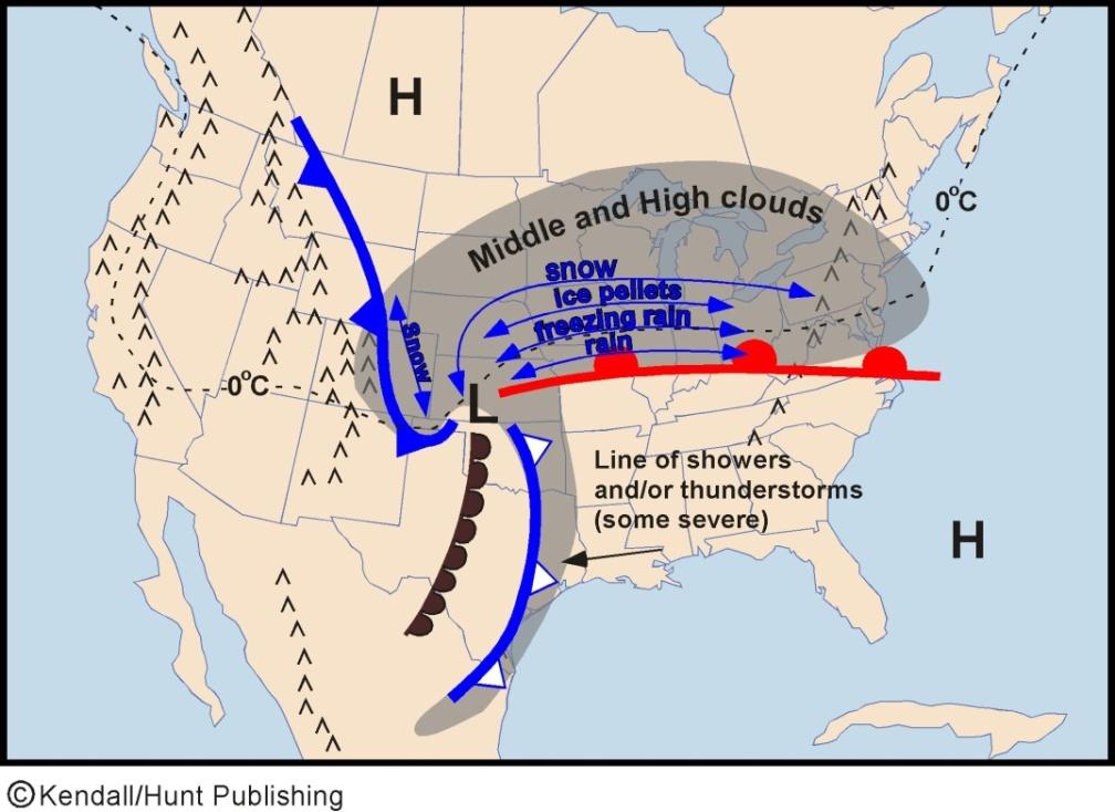 Summary of Early Weather East of the Cyclone: widespread clouds and precipitations to the north of the warm front in the forms of rain, freezing rain, and/or snow.