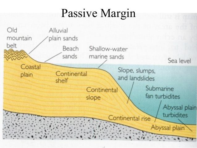 Types of Margins Passive margins: Relatively inactive geologically Characterized by flat, wide