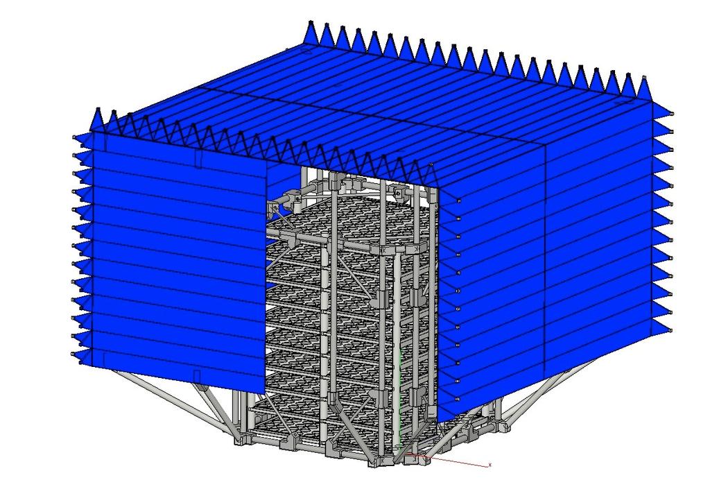 Figure 19: Mechanical drawing of the GAPS balloon instrument, with ten layers of Si(Li) detectors (gray) surrounded by a plastic scintillator TOF (blue). 5.3.1. GAPS instrument design GAPS consists of a thin plastic scintillator TOF surrounding a 1.