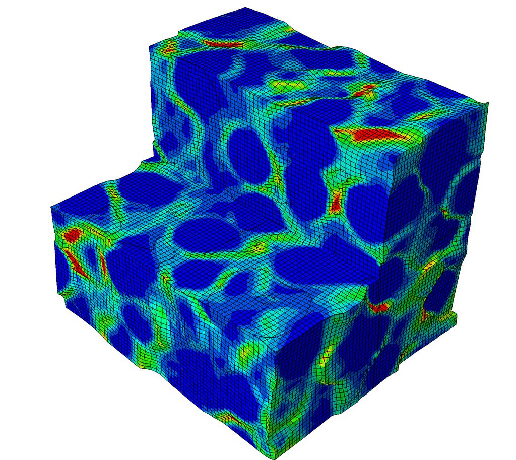 Figure 1: Deformed cubical and spherical RVE with periodic and antipodic boundary conditions, one fourth is cut out. The color map indicates the accumulated plastic strain from 0 (blue) to 0.2 (red).