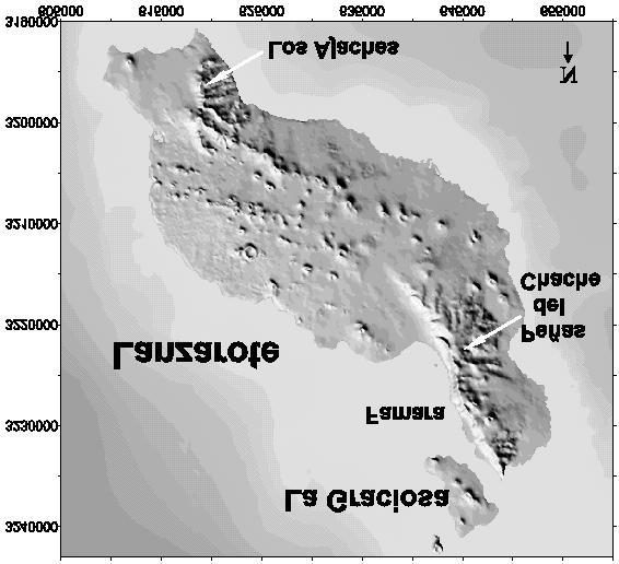 Crustal anomalies of Lanzarote 405 Figure 2. Terrain model of the islands of Lanzarote and La Graciosa. Orthographic SW NE view. Highest altitudes are about 600 m at Peñas del Chache (NE Lanzarote).