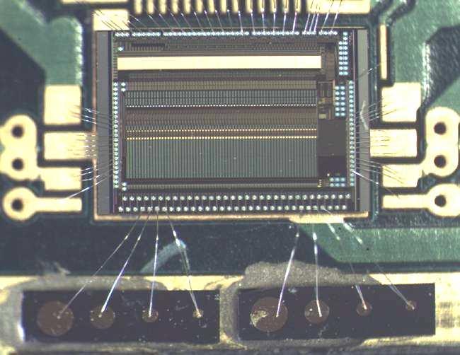 Block diagram of single channel Grybos et al.: IEEE Nucl. Sci. Sym. Conf. Record (2006) 693. Photograph of SI GaAs radiation detectors coupled to ASIC DX64 readout chip.
