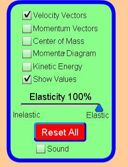 Look at the Mass Table on the simulator Click on more data so the table looks like the one below: Elastic #1 3. Set the Red ball to have a mass of 1kg and an initial velocity of +1.5m/s.