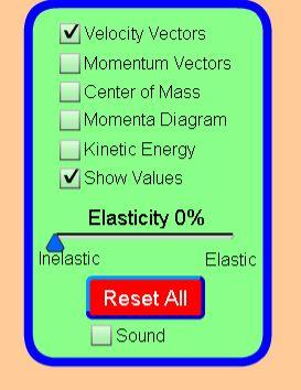 Part 2 InElastic Collisions: 1. On the right side of the simulator, click on Velocity Vectors and Show Values. The Elasticity should be at 0%, and slid all the way right towards Inelastic 2.