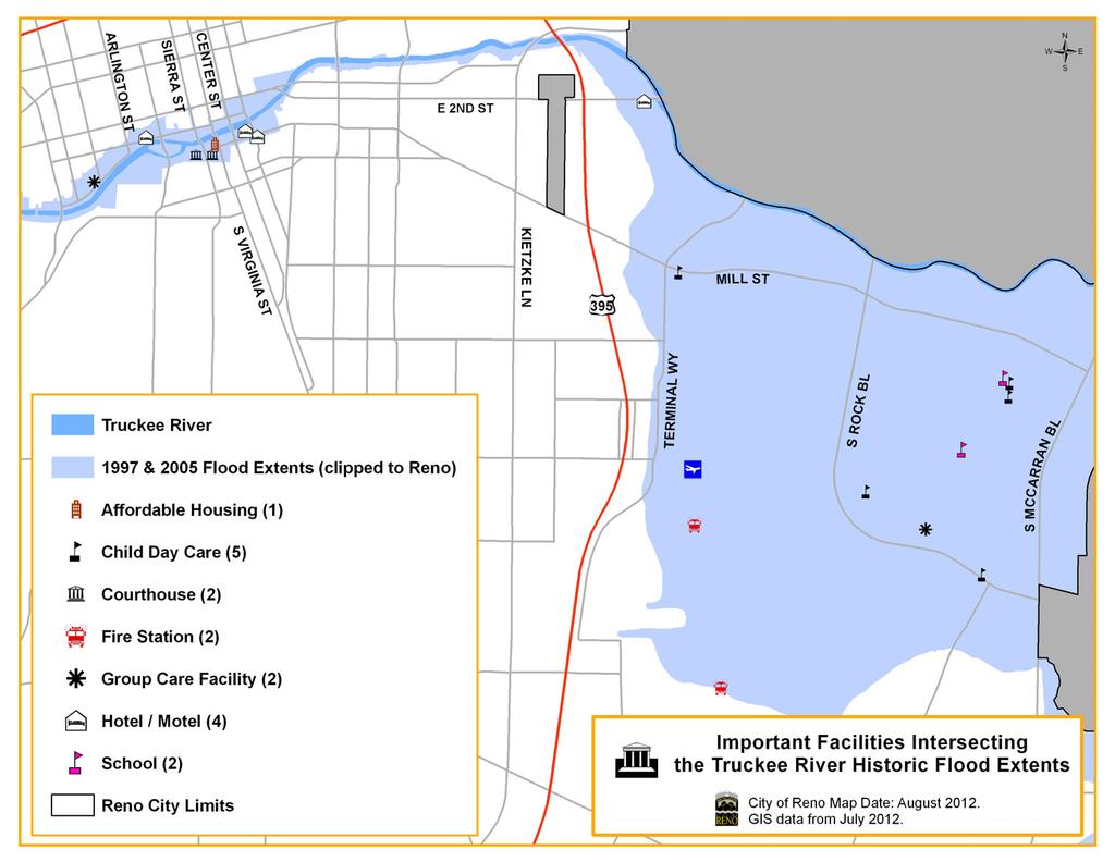 Figure 15. Important facilities in Reno in the 1997 and 2005 flood extents. In the map legend, the number of each type of facility is shown in parentheses. (Map created by Valerie Johnson, July 2012.