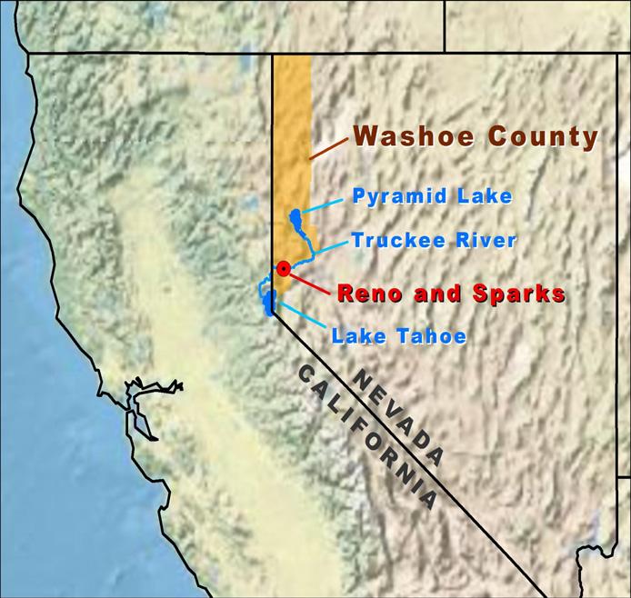 These cities are at the base of the Sierra Nevada mountain range, which typically receives a lot of snow in the winter. Two or Figure 1. Locator Map of Washoe County, Nevada.