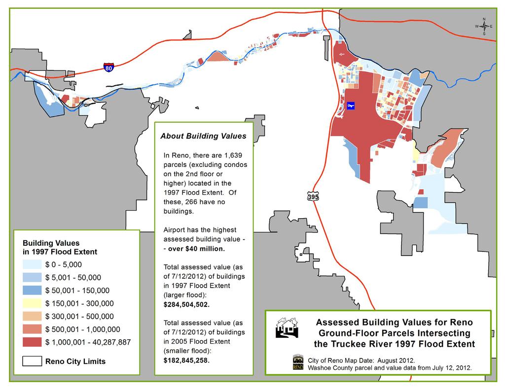 Map 2: Assessed Values of Buildings on Ground Floor Parcels in Reno in 1997 Flood Extent