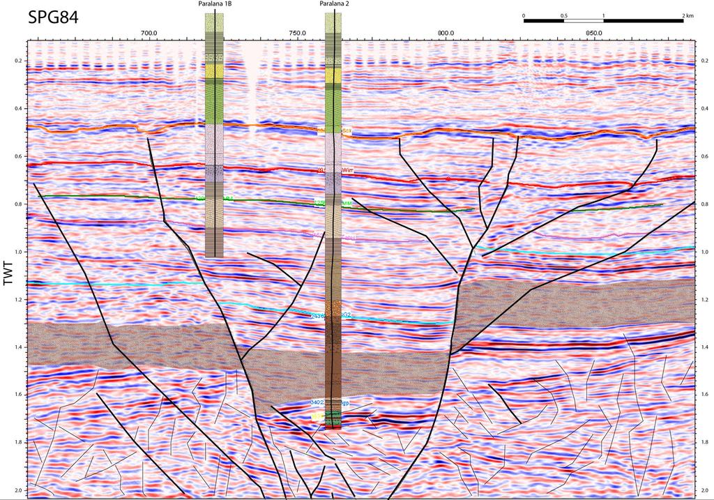 2D seismic interpretation suggests potential faults and fractures may be regionally extensive below a thick