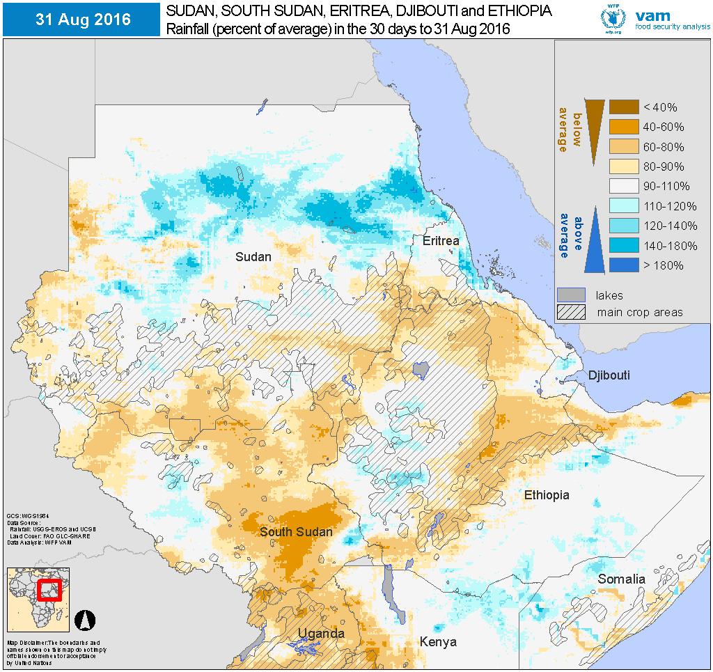 August 2016 August 2016 rainfall as a percentage of the 20-year average (left). Brown shades for drier than average, blue shades for wetter than average conditions.