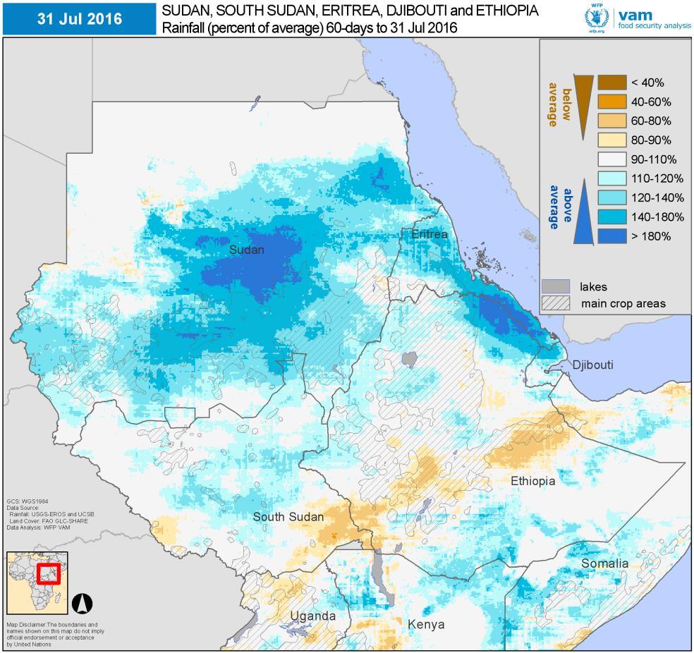 Recent Developments in 2016 June-July 2016 June to July 2016 rainfall (left) as a percentage of the average. Blues for wetter than average, orange and browns for below average conditions.
