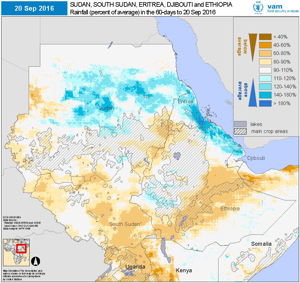 Sudan, South Sudan, Ethiopia, Uganda Between August and September drier than average conditions spread further across Uganda, South Sudan, central and northern Ethiopia as well as eastern and western