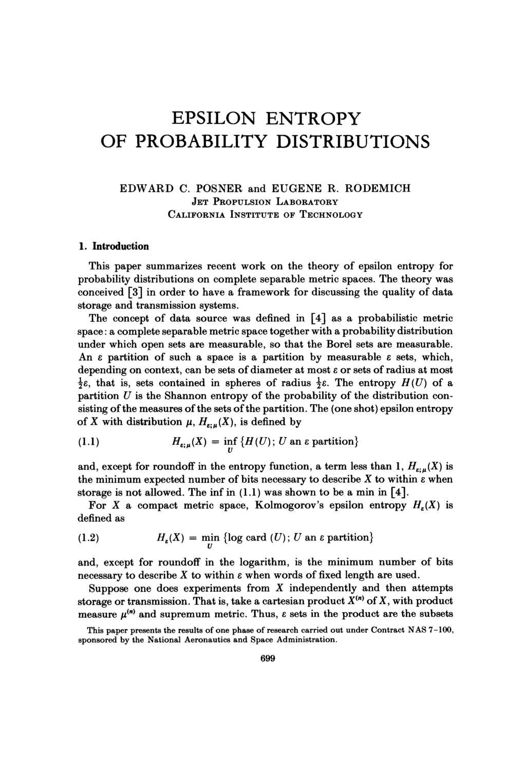 EPSILON ENTROPY OF PROBABILITY DISTRIBUTIONS 1. Introduction EDWARD C. POSNER and EUGENE R.