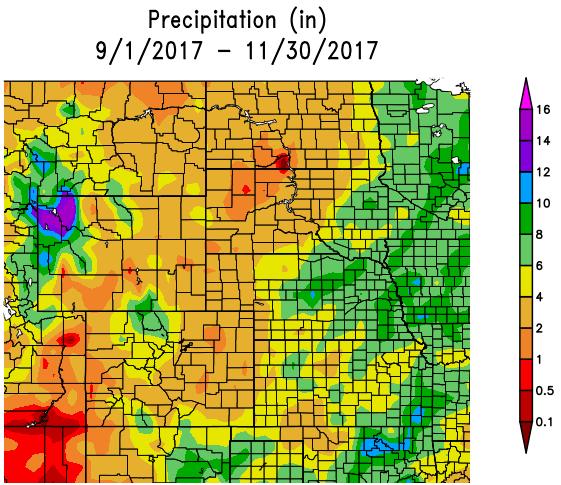September-October-November 2017 Precipitation (inches) and Percent of Normal Precipitation. Source: High Plains Regional Climate Center, http://www.hprcc.unl.edu/.