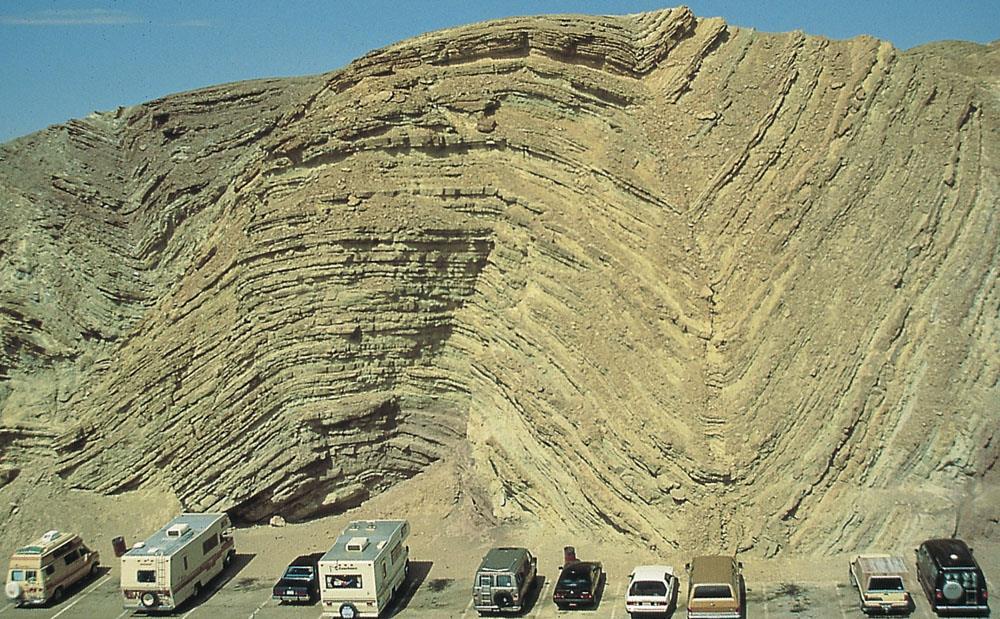 Anticlines and synclines are up- and down-arched folds, respectively. They are identified by strike and dip of the folded rocks and the relative ages of rocks in these folds.