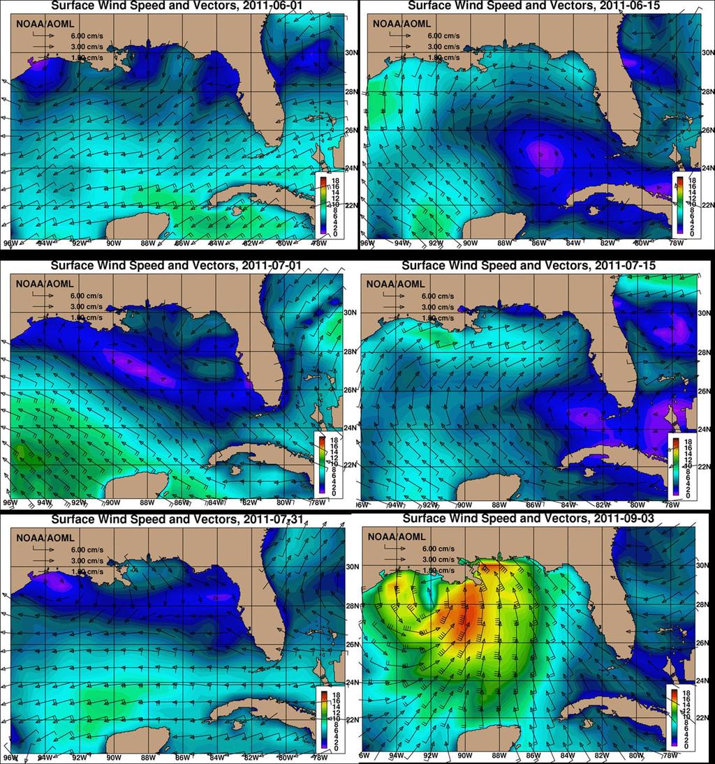 Figure 13: Surface wind speed and direction in the Gulf of Mexico from June 1st (top right) to July 31st, 2011 (bottom left) and on September 3rd, 2011 during Tropical Storm Lee (bottom right).