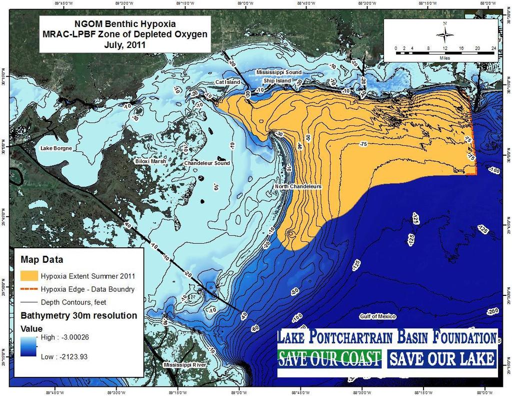 .Results A large area of hypoxia was detected in July of 2011 in the vicinity on the Chandeleur Islands extending into the Gulf of Mexico (Figure 5).