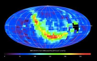 Right) Large ribbon of ENA emission detected by the IBEX satellite. Image Courtesy: NASA/IBEX/Heerikhuisen et al.