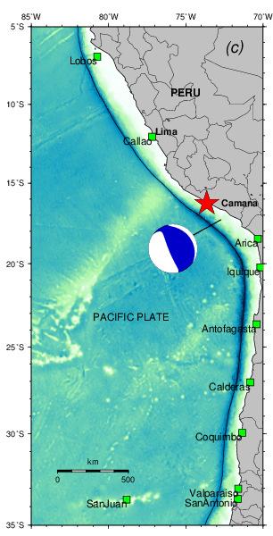 Tsunami Source Models The source model of the 2001 Peru earthquake has been estimated from two different seismological analyses, the Global Centroid Moment Tensor (GCMT) and Kikuchi and Yamanaka [1].