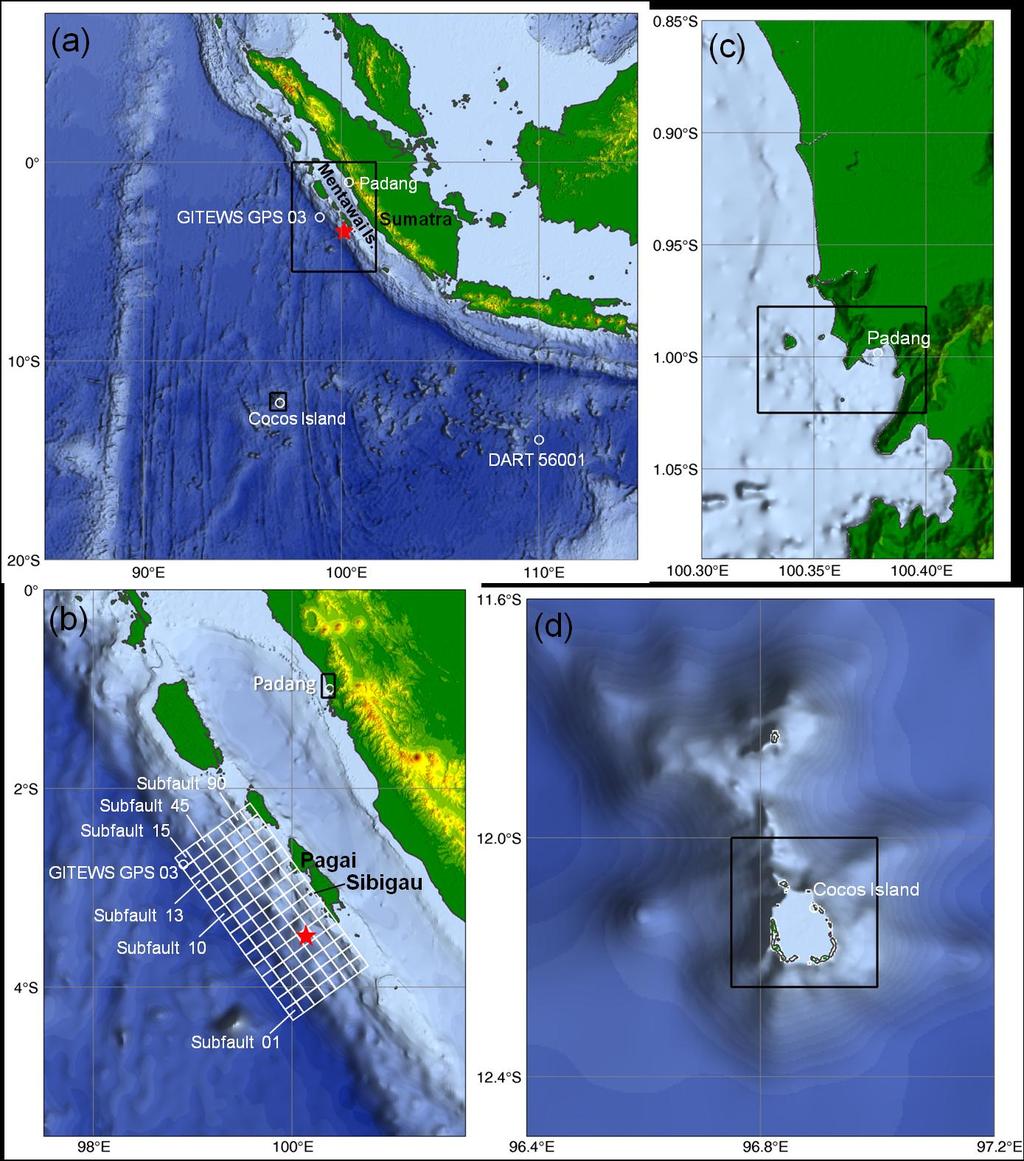 Figure 1. Location maps and computational grids. (a) Level-1 grid with outlines of level-2 grids around the rupture area and Cocos Island.