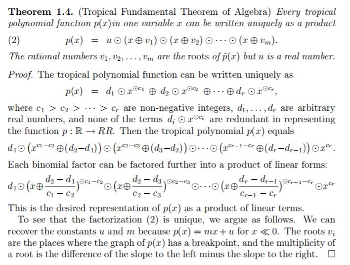 10. [3] Give an example of a tropical polynomial p of two or more variables, and two different factorizations of p into irreducibles, or functions that cannot be factored further.