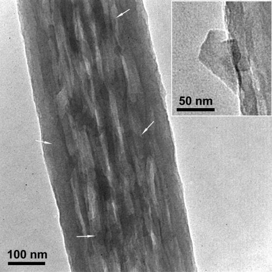 The arrows indicate the graphene flakes inside nanofiber.