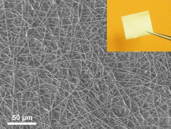 Figure 15: SEM image of the graphene-polymer nanofiber networks. Inset: photograph of the freestanding graphene-polymer composite membrane. 4. Mode Locking of lasers with atomic layer graphene 4.
