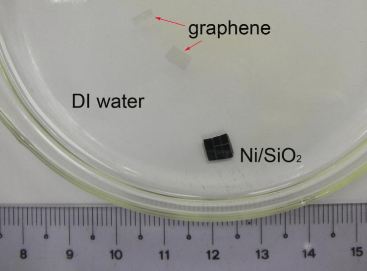to obtain a freestanding film, as shown in Fig. 1. Before etching reaction, the dry Ni/SiO 2 substrate was cut into several sections so as to obtain graphene film with required size. Figure 1.