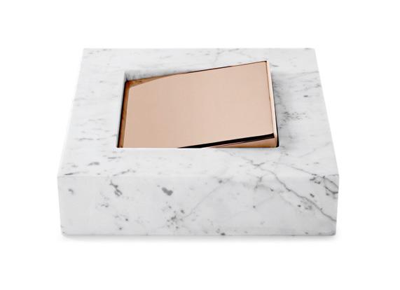 24 k Plated Brass. Base in Carrara marble in honed finishing; metal in Silver 0925 Plated Brass; Small Tray show with metal in Rose Gold 24k in Plated Brass.
