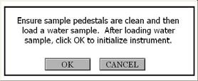 measurement pedestal and then click OK. After clicking OK, the message Initializing Spectrometer- please wait will appear. When this message disappears, the instrument will be ready for use.