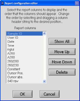 The user may modify column configurations for each method type and save multiple customized formats. Some key options useful for the Reports page are accessible through the Report tool bar drop down.