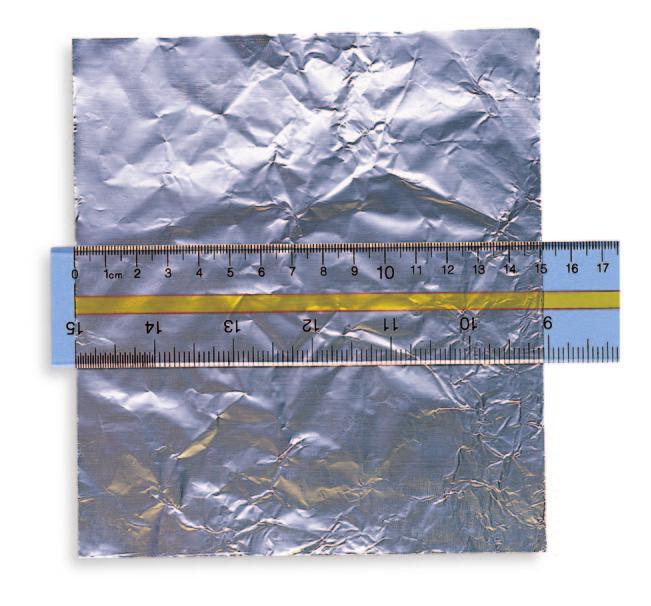 Figure 2.3 Metric Length The meter is the SI unit of length, but the centimeter is often used to measure smaller distances. What is the length in cm of the rectangular piece of aluminum foil shown?