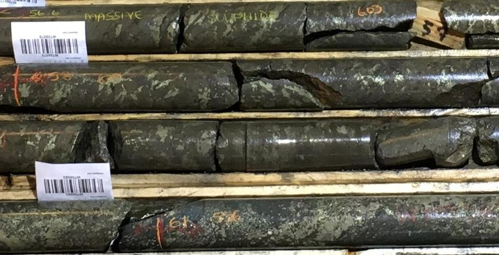 56.60m 60.34m Photo 1: Copper& nickel bearing massive sulphides (56.60-60.34m down hole) in drill hole MR-17-01. Disseminated sulphides (20-50%) occur higher in the hole.