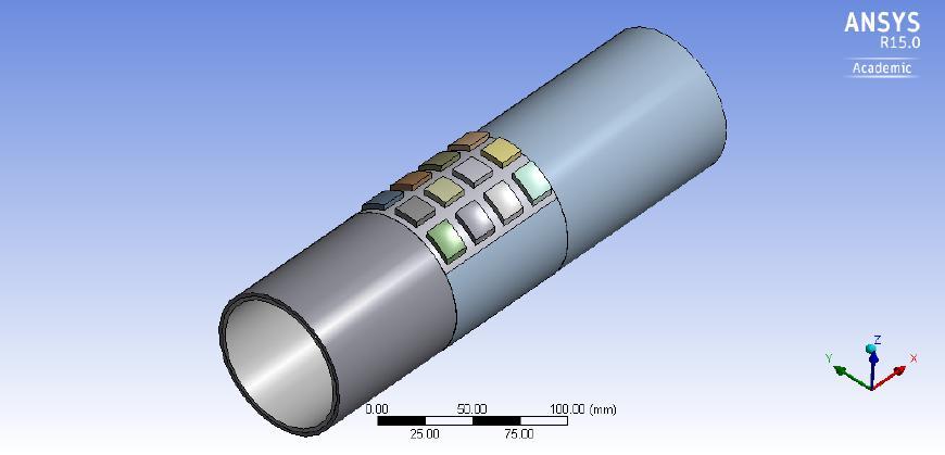thermal actuators in the apparatus were also covered with aluminum plates that were directly in contact with the skin. Figure 4.3: ANSYS model of the copper cylinder with thermal actuators.